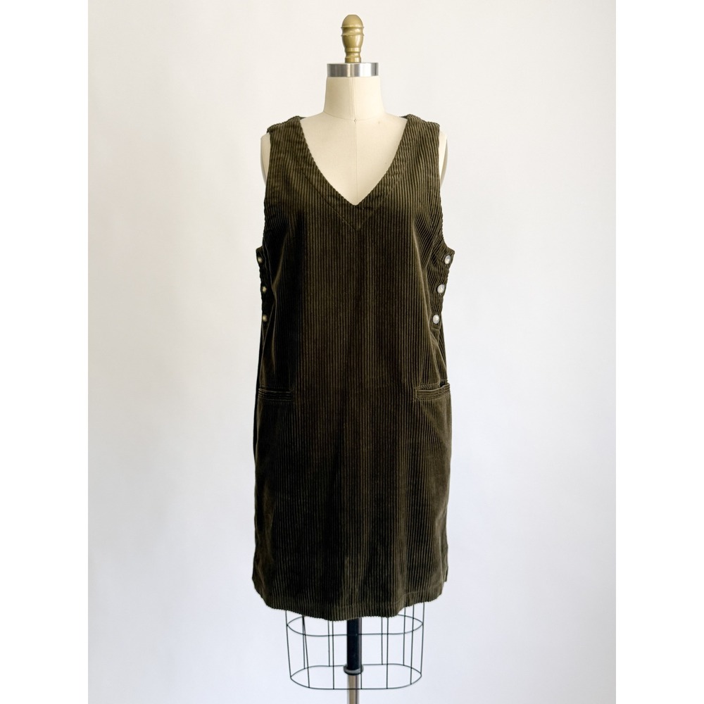 Vintage Eddie Bauer Corduroy Jumper Dress Small Olive Green V-Neck Side Button